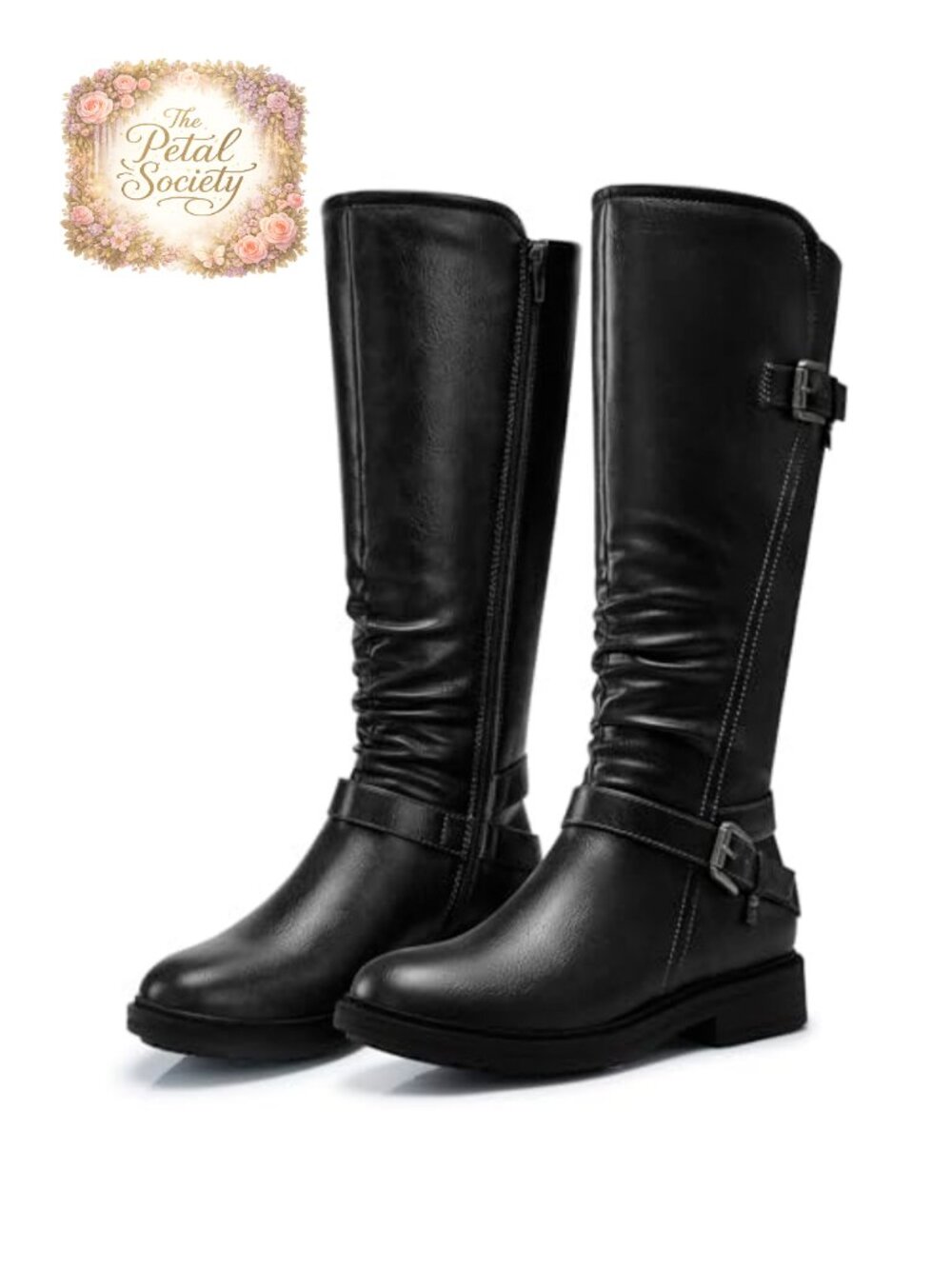Faux Leather Knee High Boots Low Heel Round Toe Tall Boots